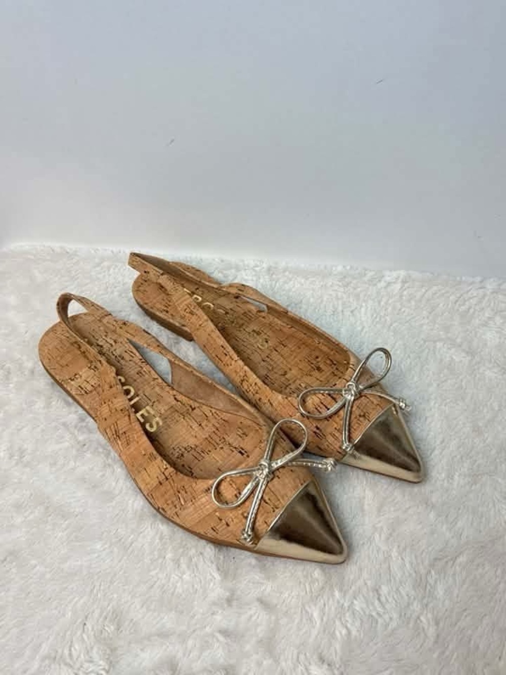 AEROSOLES Cork Slingback Flats with Metallic Gold Toe Bow
